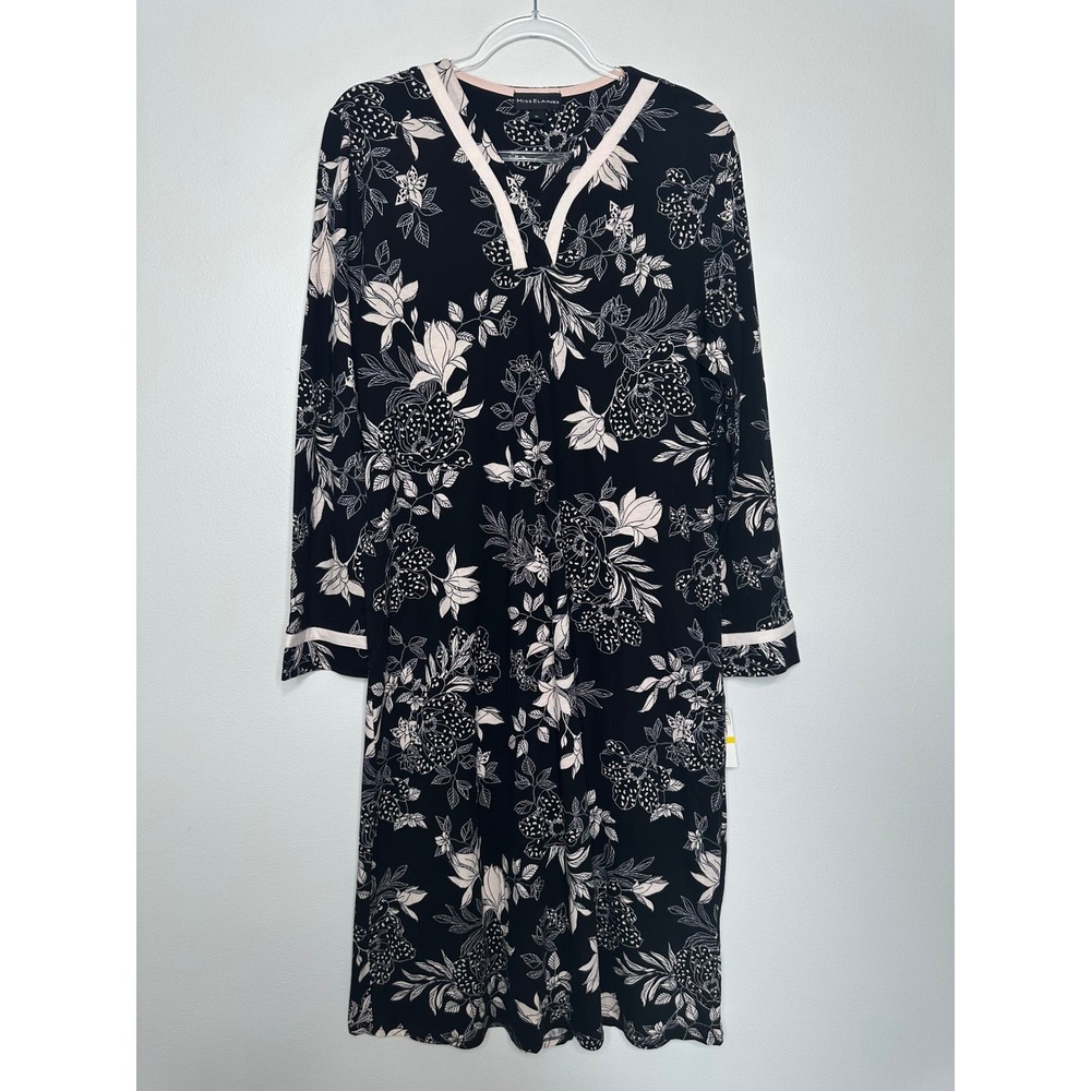 Miss Elaine‎ Floral Nightgown V-Neck Size M Black Long Sleeve Cotton Blend